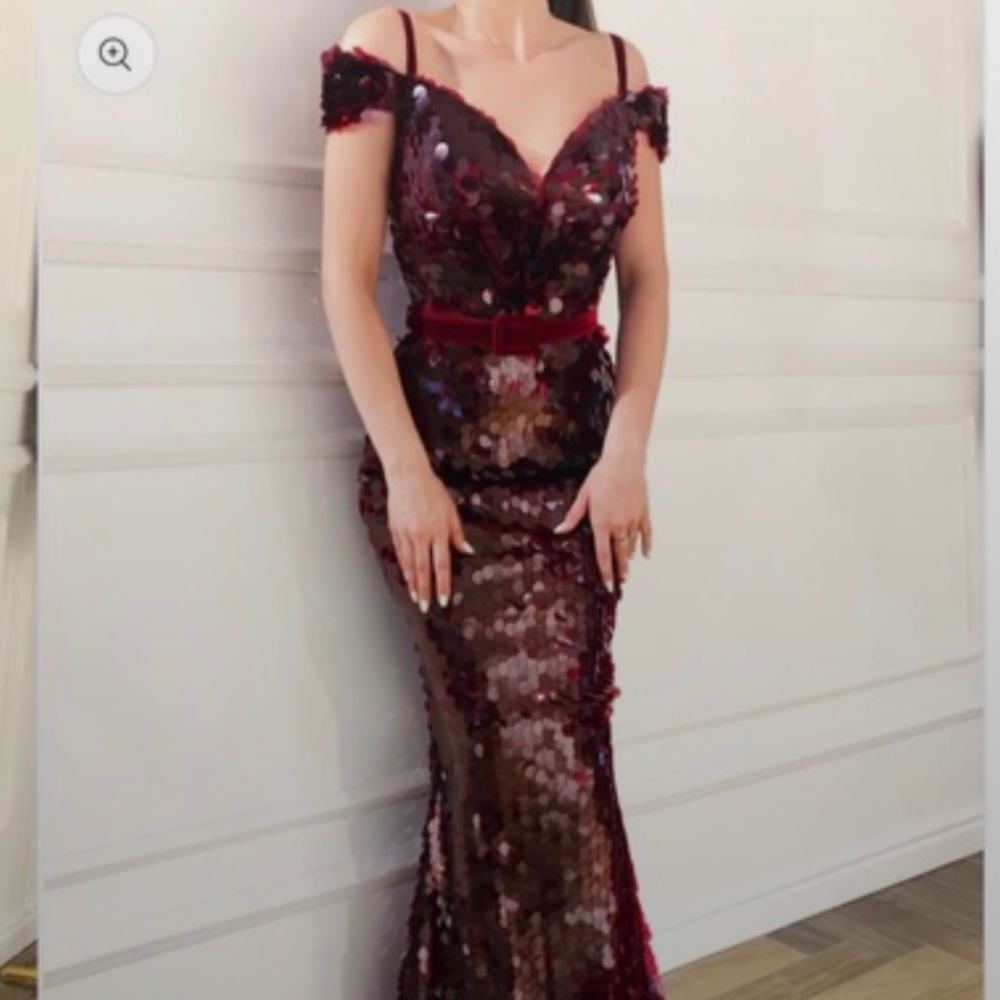 Teuta Matoshi Prune Mosaic Wine Red Sequin Evening Gown Sold Out